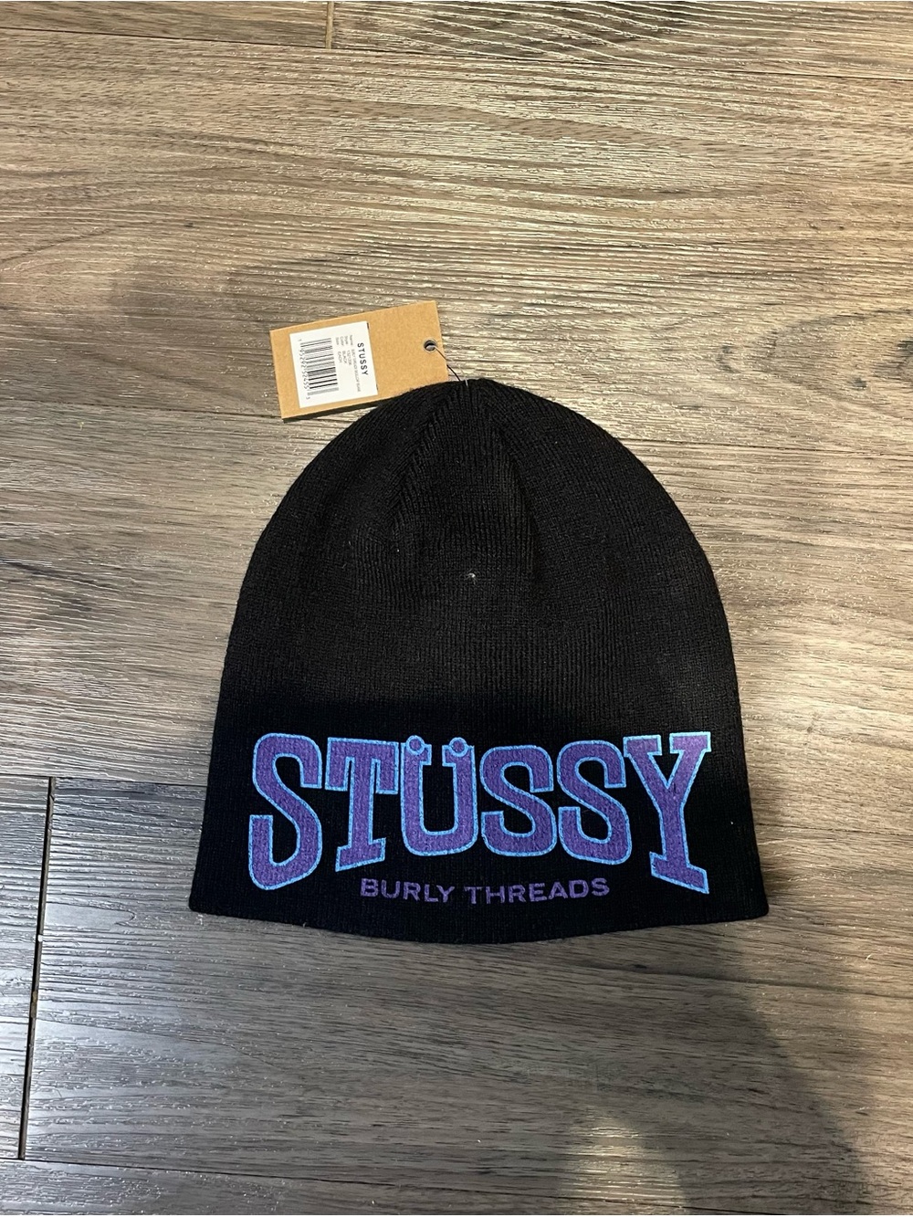 Stussy Black Beanie with Blue-Outlined Purple Logo